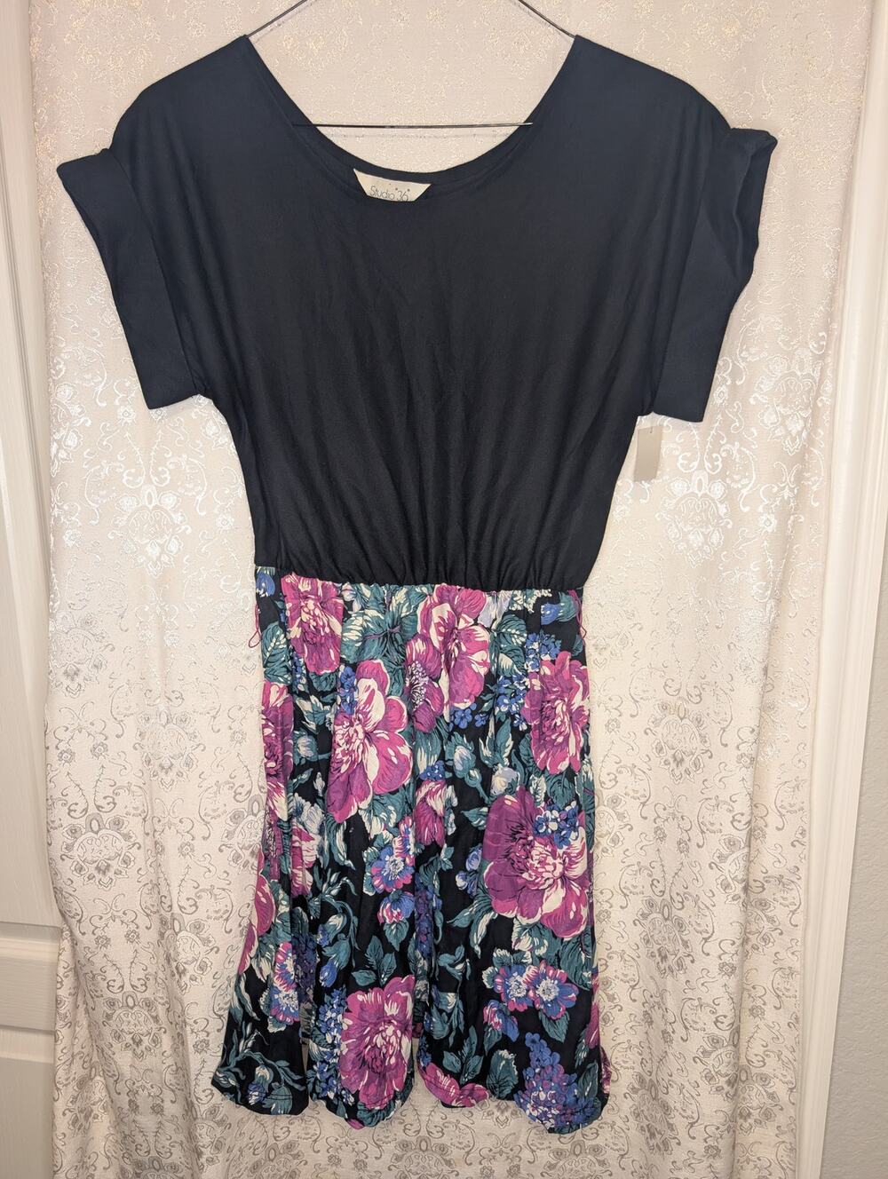 Studio 36 Colorblock Floral Midi Dress Short Sleeve Black Pink Sz 12